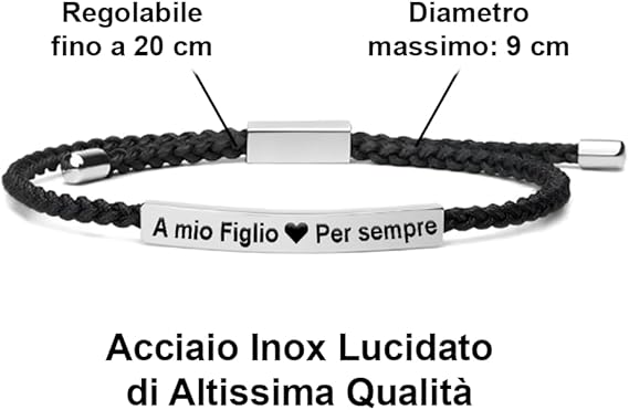 Bracciale in Acciaio Inox Lucidato e Corda Intrecciata - A mio Figlio