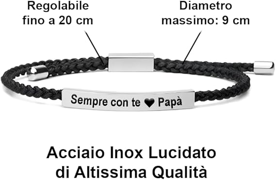 Bracciale Acciaio Inox Lucidato e Corda Intrecciata - Sempre con te Papà