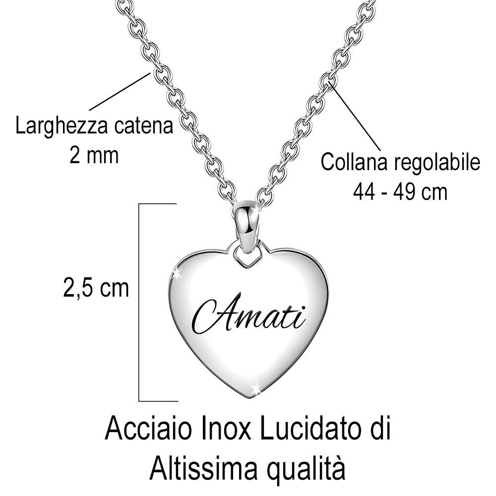 Echtzeit Collana Con Ciondolo Cuore In Acciaio Inox | 45 Cm | Impermeabile | Anallergica | Regalo In Sacchetto Di Cotone - 4