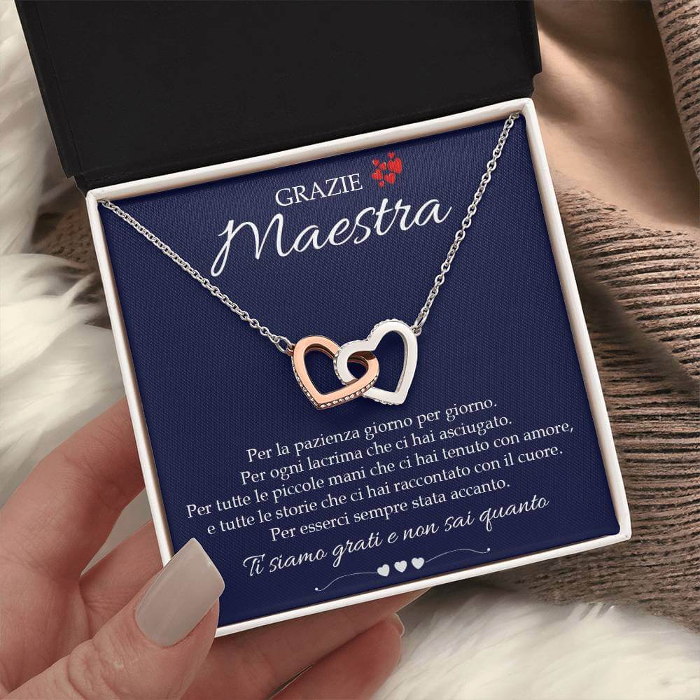 Flores Collana Grazie Maestra In Argento 925 Con Cuore Dorato Rosa - Ciondolo Inciso Regalo Fine Anno